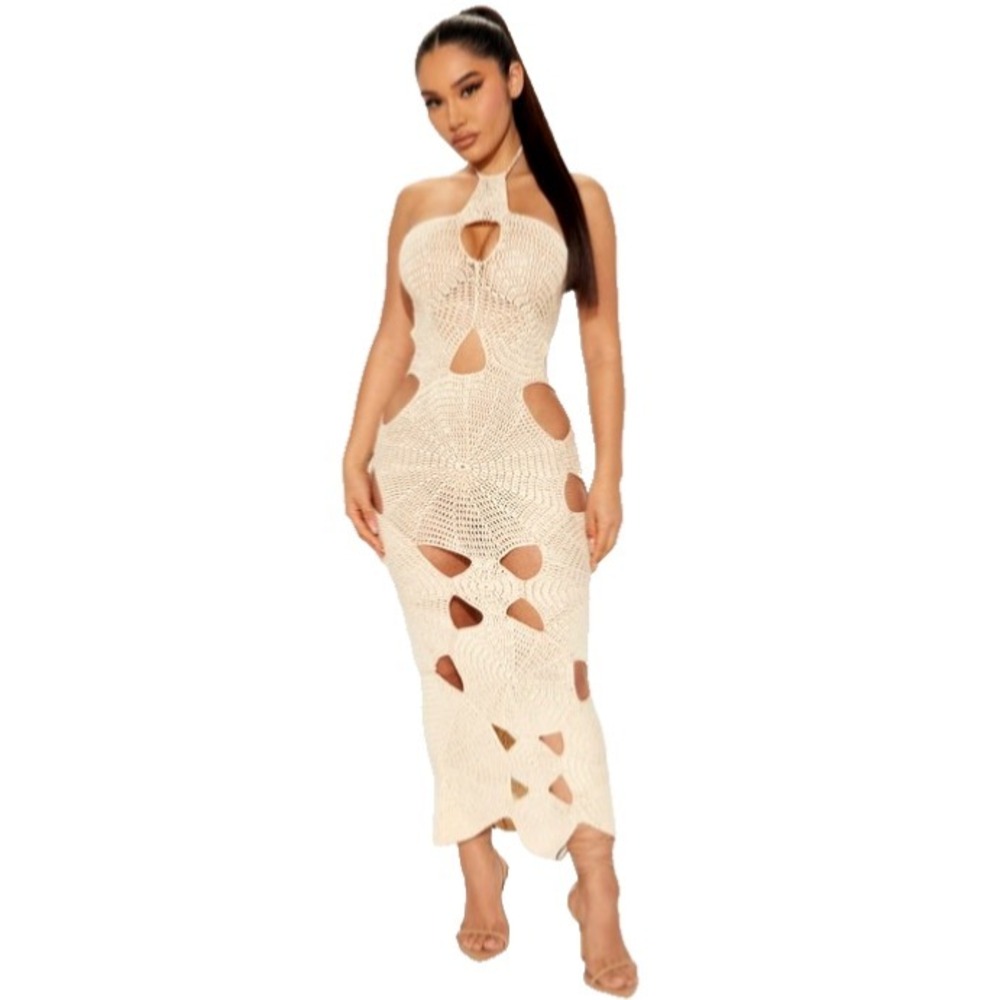 Fashion Nova Bungalow Crochet Maxi Cut Out Coquette Cream Halter Dress Womens XL
